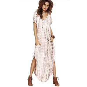 Women’s Tie Dye Cocoon Dress Medium Taupe Brown Rayon Stretch Tunic Midi